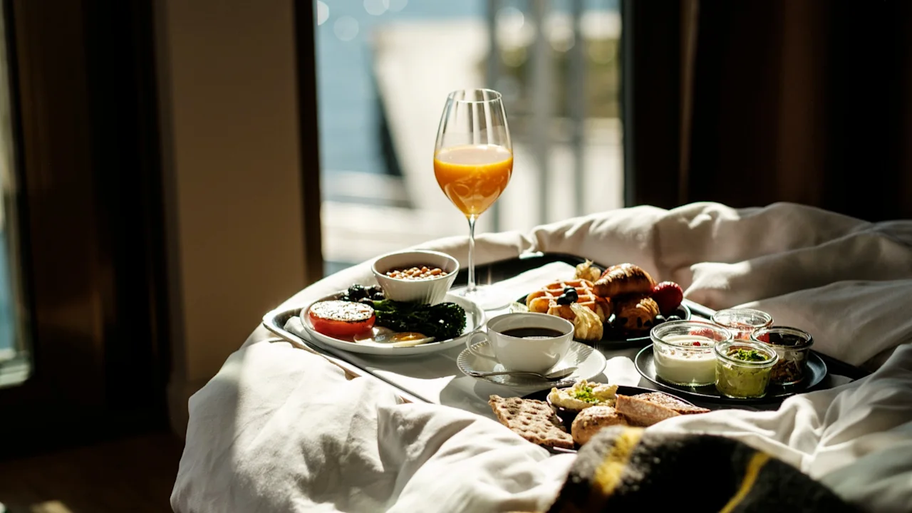 A delicious breakfast in bed with a view of the water, featuring juice, coffee, pastries, and savory dishes.