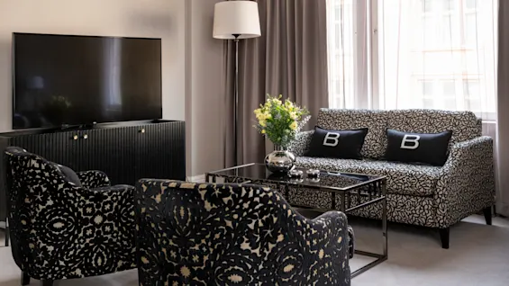 TV på et skab, med udsigt til mønstrede stole og en sofa med "B"-puder. Blomster på glasbord; vinduer med gardiner oplyser rummet.