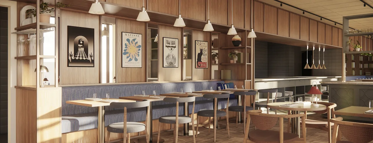 Modern restaurant interior at Quality Hotel The Book with wooden walls, booth seating, and stylish lighting. WORK IN PROGRESS.