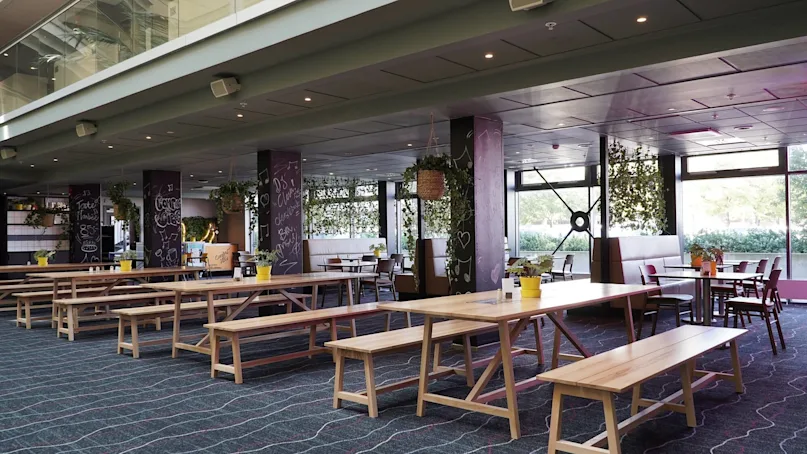 A spacious, modern cafeteria with wooden benches, individual tables, hanging plants; light entering through large windows.