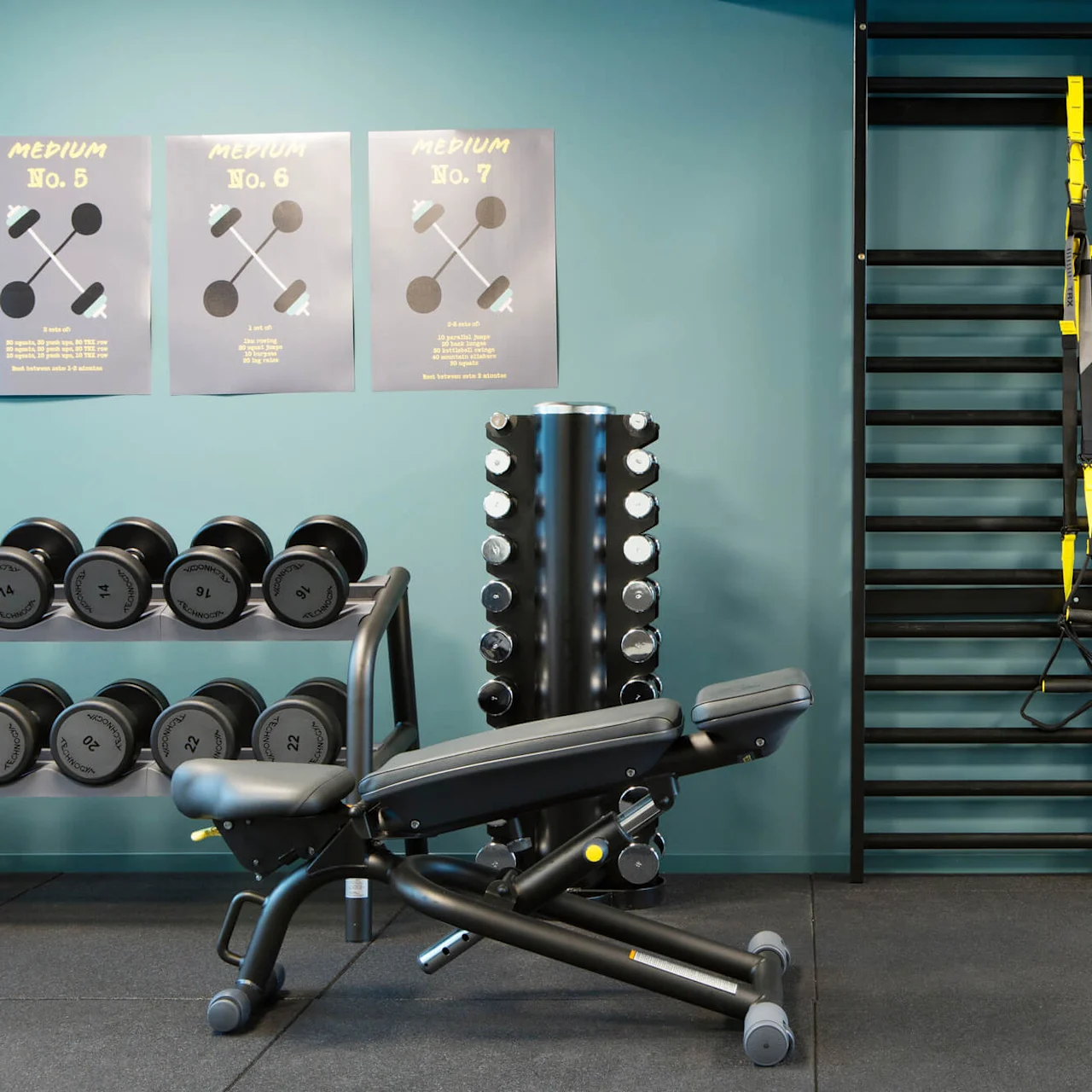 Ett justerbart träningsbänk och vikter i ett gym; affischer som visar olika träningsnivåer är på väggen.
