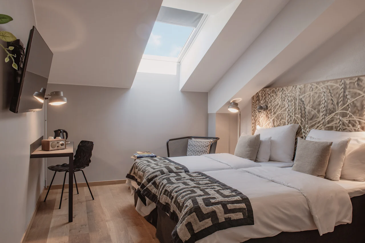 Viihtyisä hotellihuone, jossa kaksi erillistä sänkyä, työpöytä, televisio ja kattoikkuna, luontoaiheisella sängynpäädyllä.