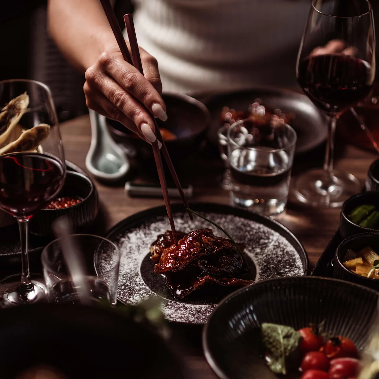 Chopsticks håller glansigt kött på en mörk tallrik; olika små rätter, vinglas på ett träbord skapar en elegant middagsscen.