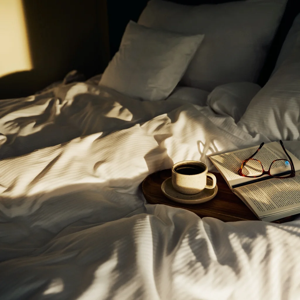 Slapper av i sengen med en god bok og en varm kopp kaffe, nyter den milde morgensolen.