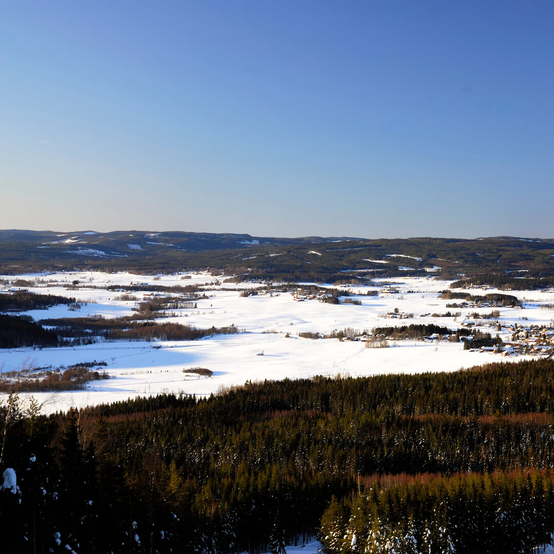 Et snødekt landskap med en landsby, skoger og åser under en klar blå himmel.