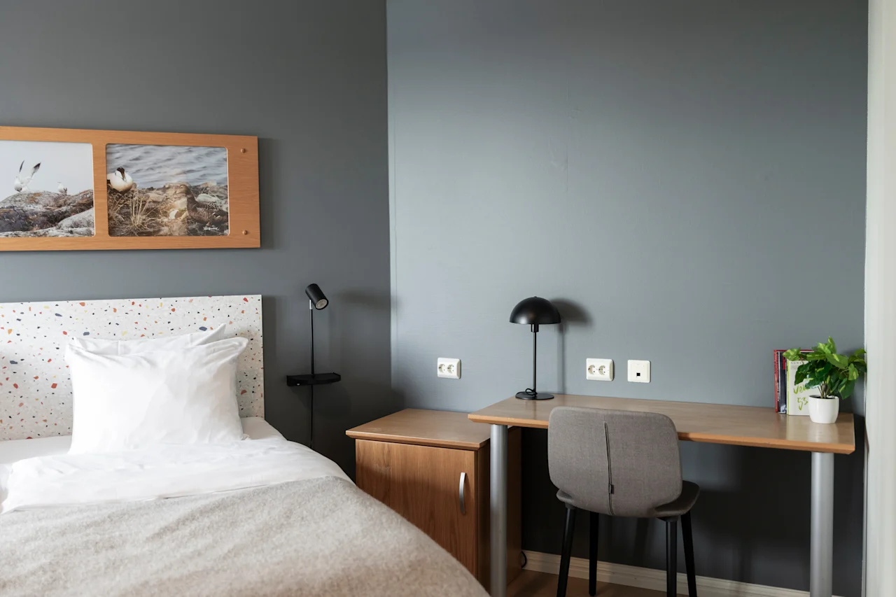 A cozy hotel room with a bed, a desk, and a chair. Artwork of birds hangs above the bed, and a plant adorns the desk.