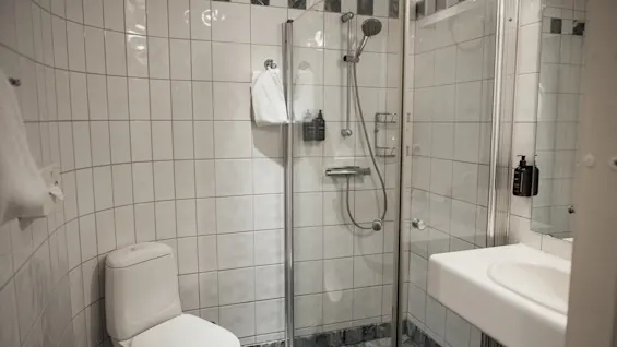 Et rent og moderne hotelbadeværelse med toilet, en glasindkapslet bruser og en vask med toiletartikler.