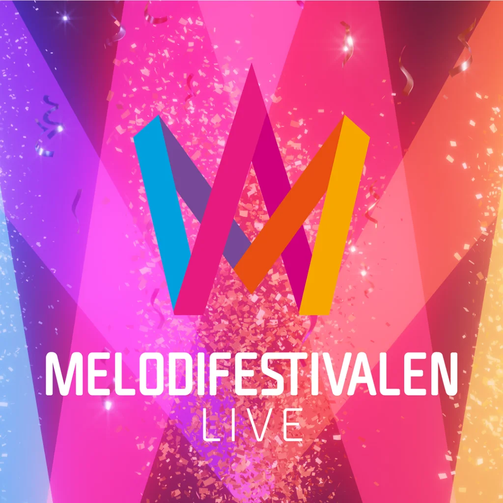 Flerfärgad "M"-logotyp med konfetti på en färggradient bakgrund med texten "Melodifestivalen LIVE."