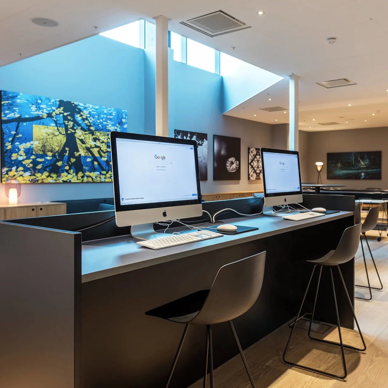 Computers displaying Google homepage sit on a sleek black counter, surrounded by modern furniture and colorful art in a spacious, well-lit room.