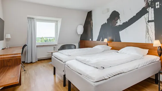 Hotellihuoneessa on kaksi siististi pedattua sänkyä, suuri seinämaalaus takkiin pukeutuneesta henkilöstä, kirjoituspöytä tuolin kanssa ja ikkuna, josta näkyy vihreää maisemaa ulkopuolella.