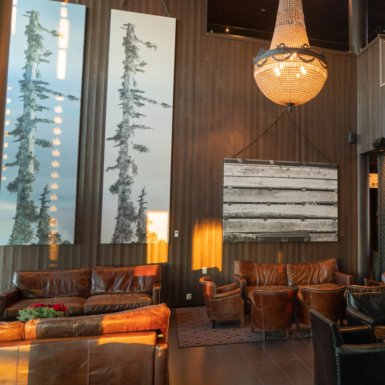 Leather sofas and chairs positioned around a wooden table in a warmly lit lounge. Large wall art and a chandelier provide decoration. Adjacent area features a climbing wall.