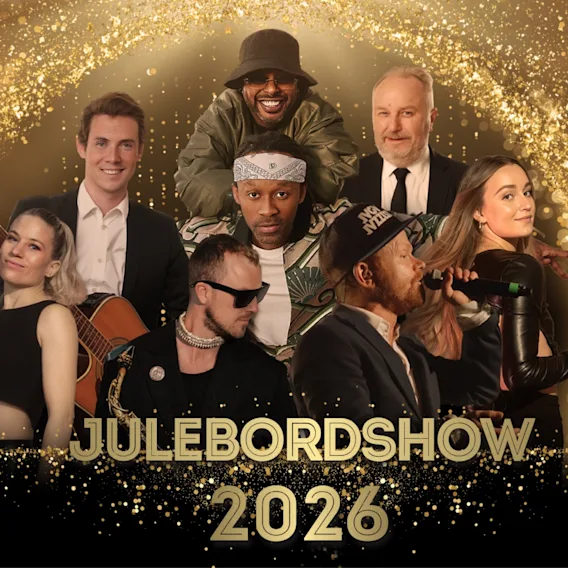 En gruppe artister smiler mot en glitrende gullbakgrunn, som annonserer JULEBORDSHOW 2026.