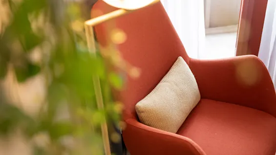 En orange fåtölj håller en beige kudde, placerad nära ett ljust fönster. Grön bladverk är delvis synligt i förgrunden.