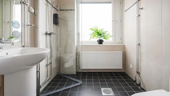 En vit handfat reflekterar solljus i ett modernt badrum med svart kaklat golv. En glassdörr till duschen är stängd, och en grön växt står vid fönstret. Text: "Drink More Water."