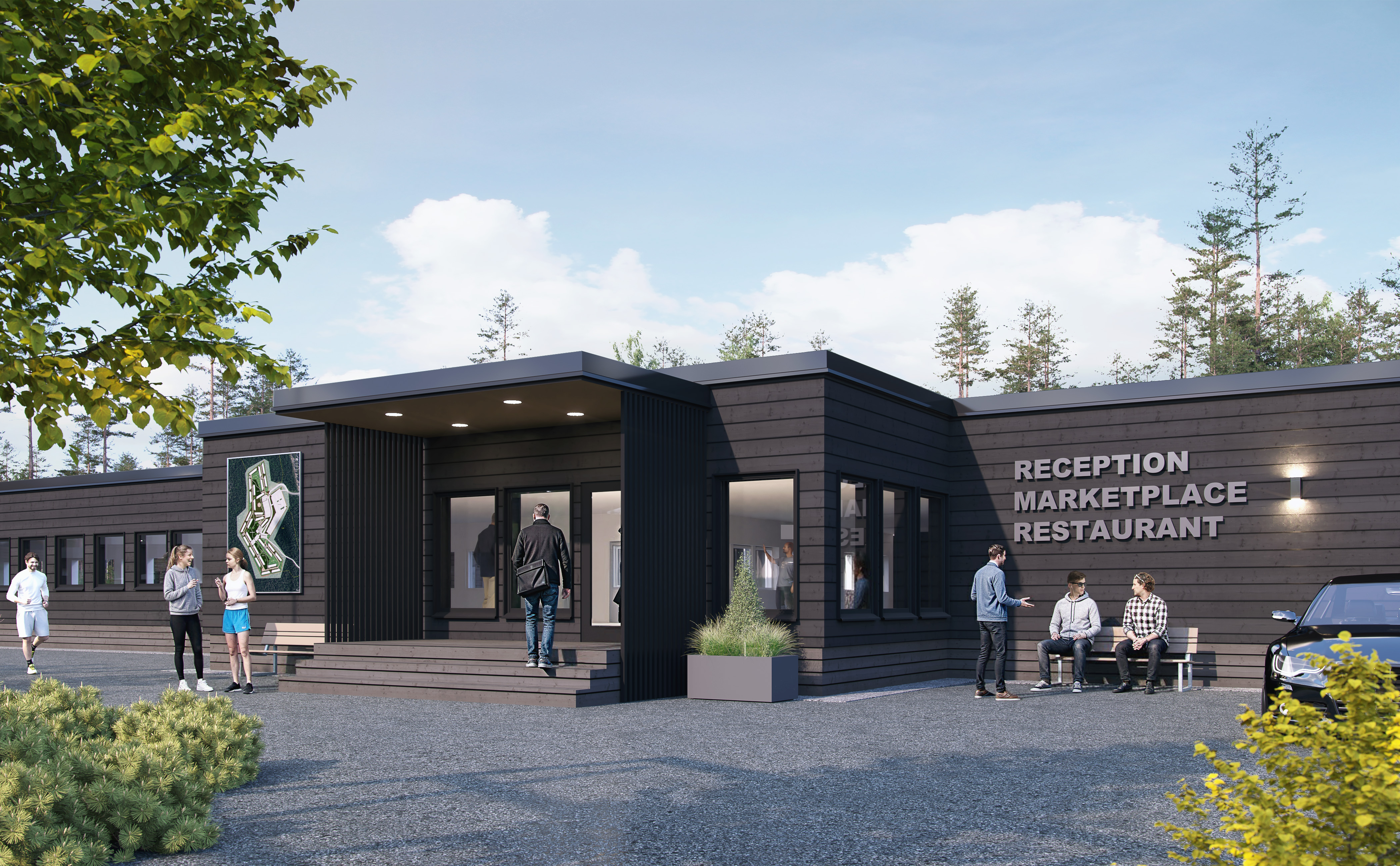 En digital gengivelse af Aurora Village-receptionen set udefra. Forskellige mennesker står og sidder foran bygningen.