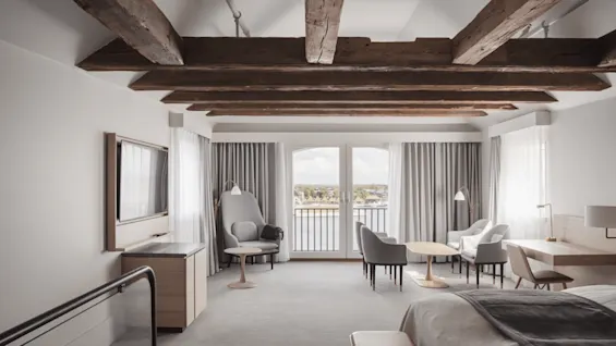 A spacious hotel room with a bed, chairs, and desk, features exposed wooden beams and a view of a waterfront through large windows, creating a cozy and inviting atmosphere.