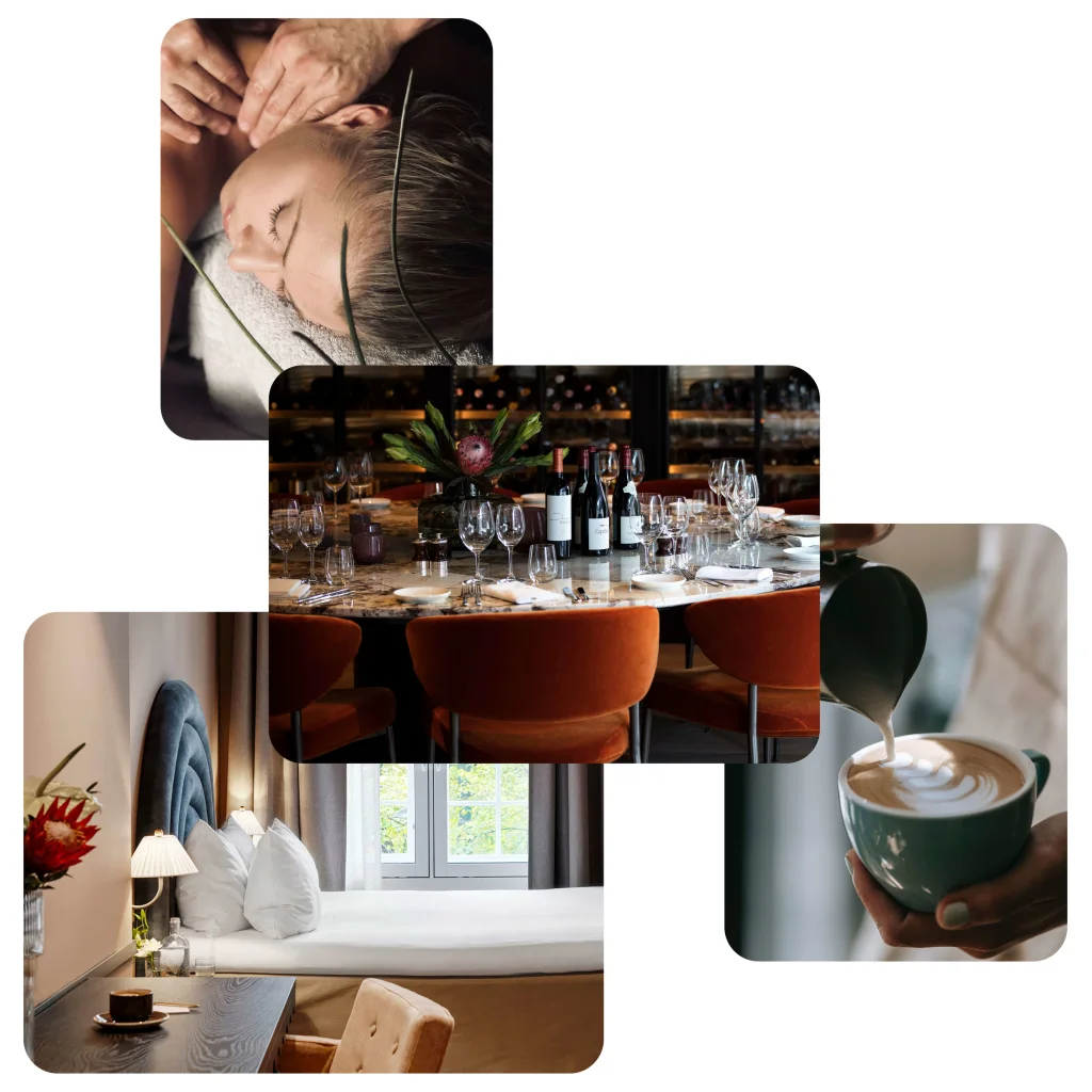 A collage of relaxation and hospitality scenes: head massage, set dining table, cozy bedroom, and pouring coffee.