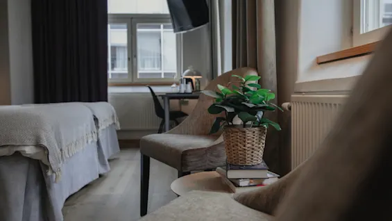 A cozy hotel room at Home Hotel Uppsala with a bed, a comfortable chair, and a plant on a side table next to a window.