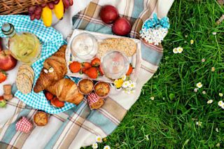 Picnic food on blanket in park