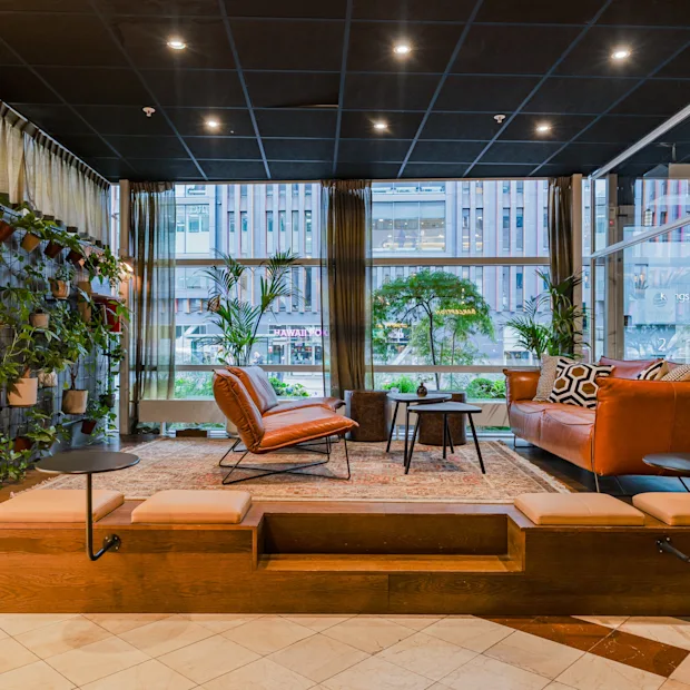A modern and cozy hotel lobby lounge with leather seating, green plants, and large windows.