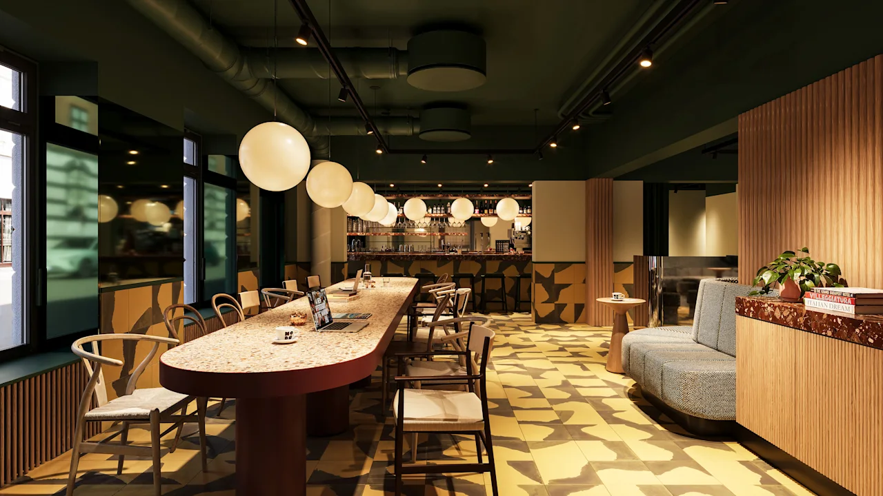 A modern hotel lobby and lounge area with a long communal table stylish seating and warm spherical pendant lights