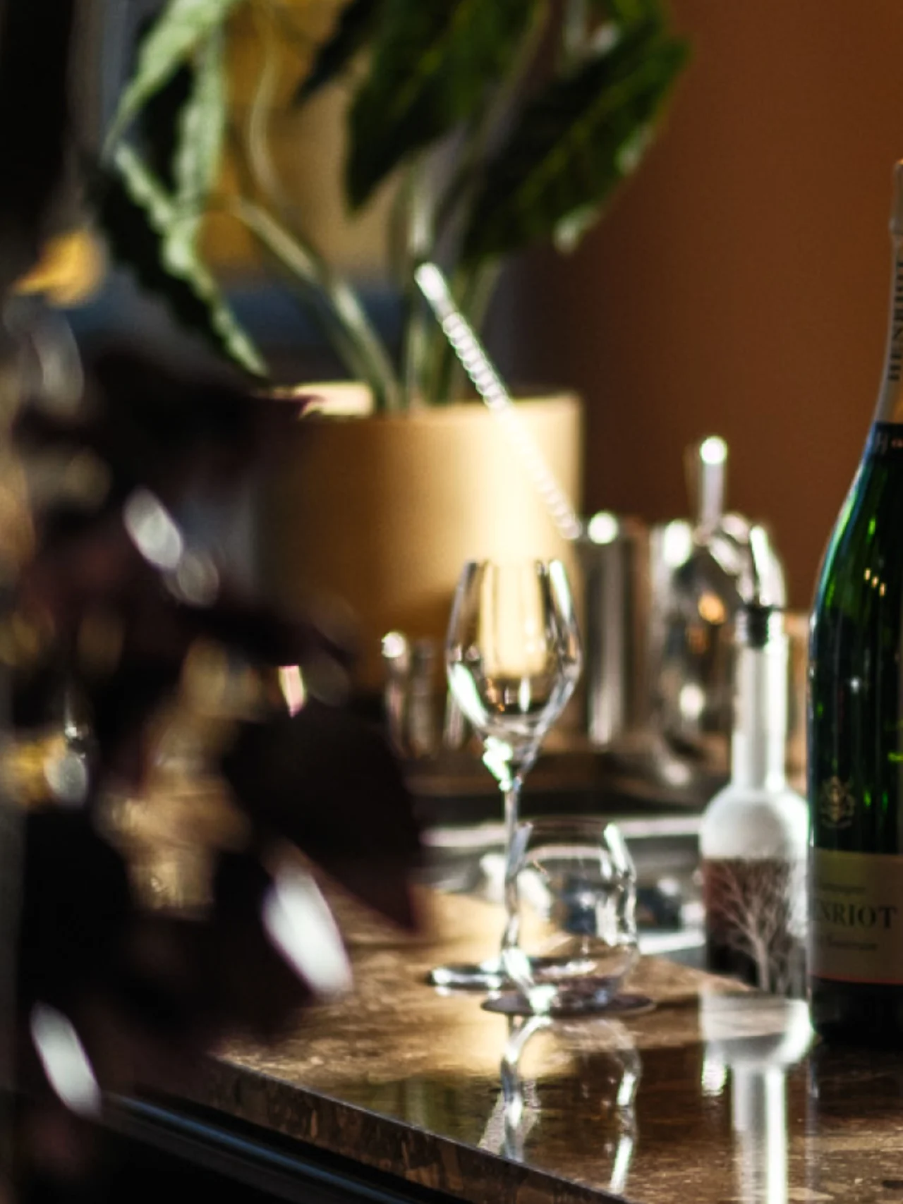 Et vinglass står på en marmorbenk omgitt av planter og flasker, med myk belysning som skaper en varm atmosfære.