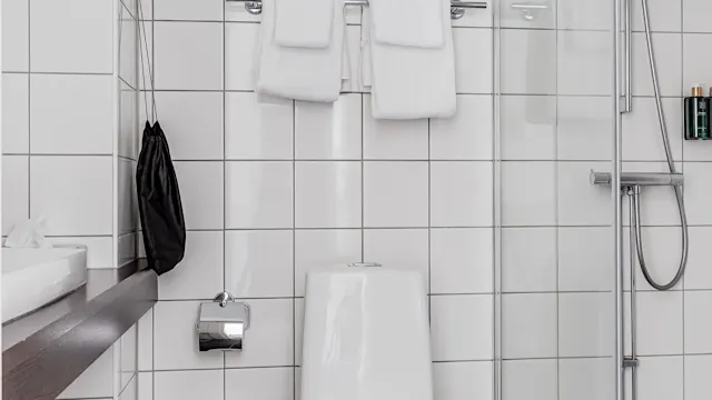 WC sijaitsee modernissa, laatoitetussa kylpyhuoneessa, jossa suihku vieressä; seinät ovat valkoiset, ja lattia on tummaa laattaa. Pyyhkeet roikkuvat yläpuolella, ja musta laukku roikkuu koukusta.