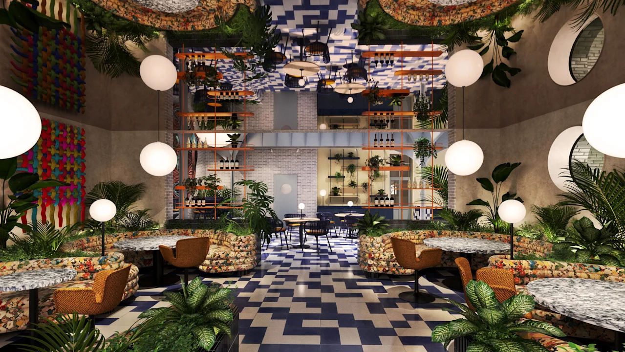 Colorful restaurant interior with patterned seating and terrazzo tables, surrounded by greenery and spherical pendant lights, creating a lively and modern dining atmosphere. Walls feature woven art pieces, enhancing vibrancy.