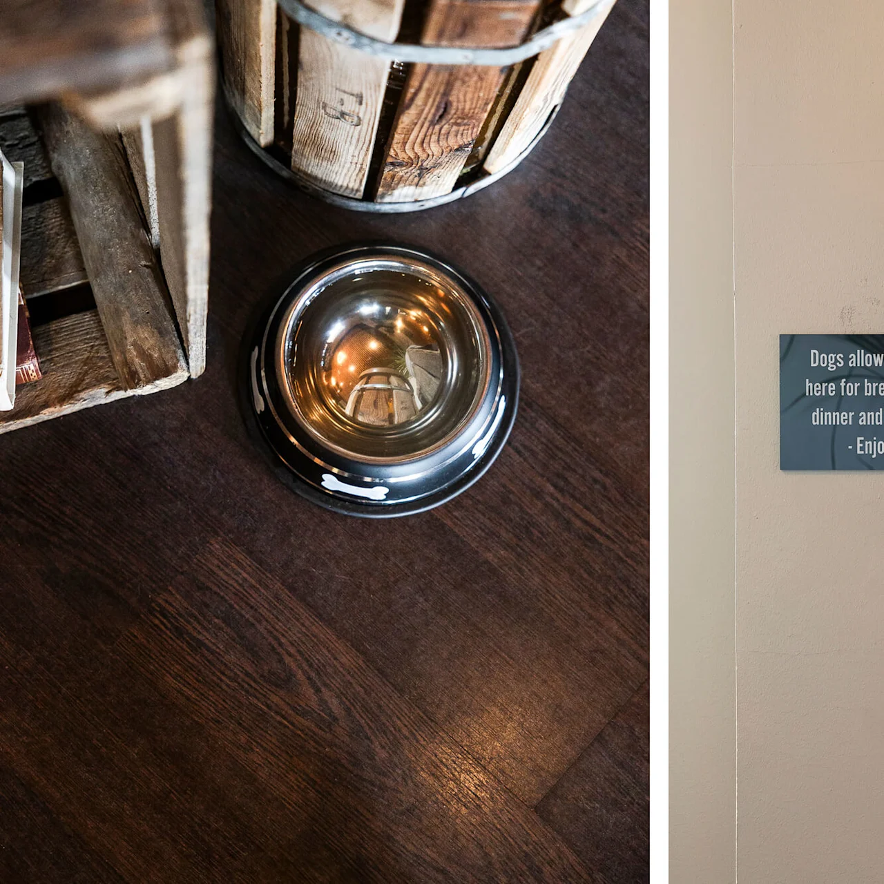 "Dogs allowed just here for breakfast, dinner and drinks - Enjoy"