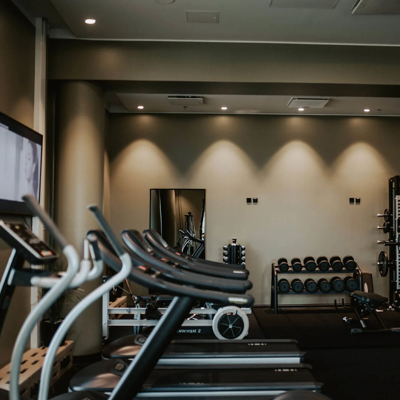 Gym with treadmills lined up beside a wall-mounted TV, a person lifting weights in front of a rack of dumbbells, surrounded by mirrors and exercise equipment.
