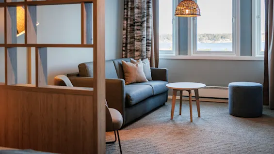 A grey sofa with cushions is positioned facing a small round wooden table under a woven light fixture, set in a cozy room with a window view of trees and water.