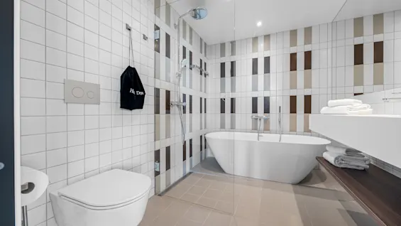 A modern bathroom with a toilet, shower, and freestanding bathtub. Walls have white and striped tiles. A black bag with 'Ha Dry' hangs.