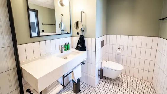 A bathroom features a white sink with green soap bottles, positioned under a large mirror. Adjacent to the sink is a toilet, against tiles and light-colored walls.