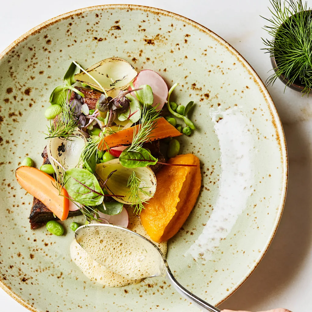 Colorful food at restaurant Norda in Oslo.