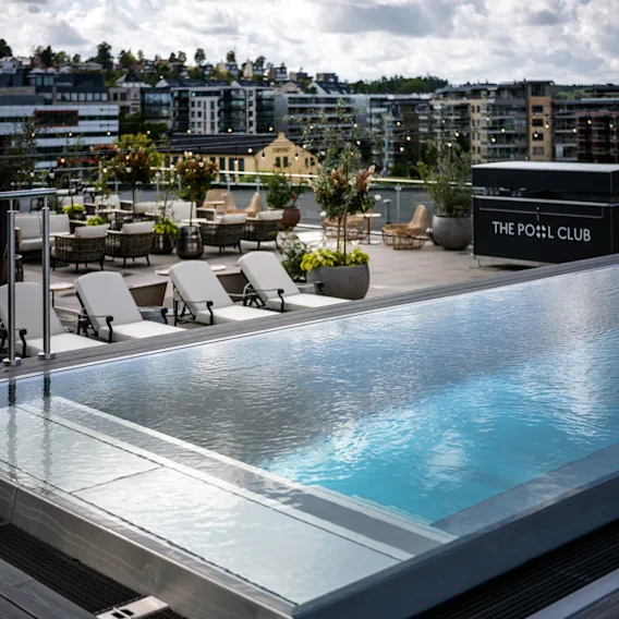 Et takbasseng med klart, rolig vann; omgitt av hvite solsenger og planter i potter. I nærheten er et skilt med teksten "THE POOL CLUB," og leilighetsbygg er i bakgrunnen.