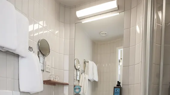 A small bathroom contains a wall-mounted sink with a mirror above. Towels hang beside the sink. A toilet, trash can, and toilet paper are below. 