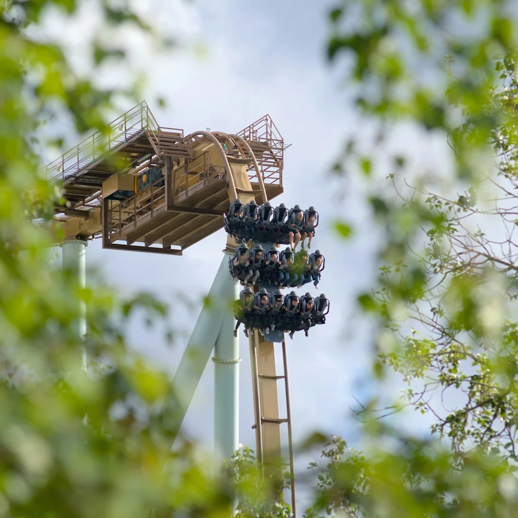 Thrill-seekers on a roller coaster ride at Liseberg Göteborg, viewed through lush green leaves.