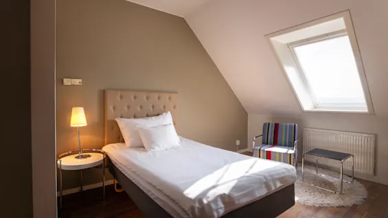 Et hyggeligt hotelværelse med en enkeltseng, en farverig stribet stol og et tagvindue, der slipper lyst naturligt lys ind.