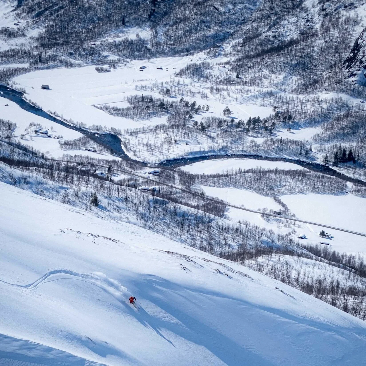 A skier in a red jacket carves a path down a pristine, snowy mountain slope, surrounded by a vast, snow-covered landscape with scattered trees and distant hills.