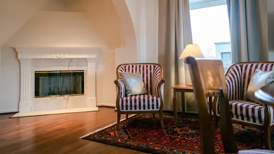 Fireplace nestled between elegant armchairs and a lamp, resting on a patterned rug in a softly lit room with hardwood floors and large windows.