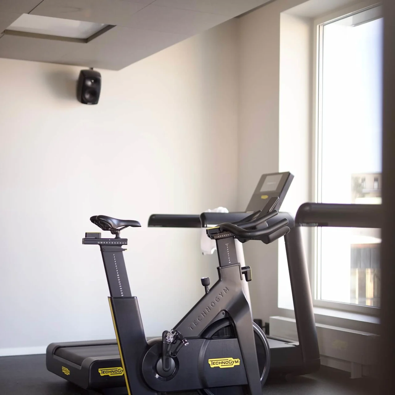 An exercise bike stands idle in a well-lit gym, with a treadmill and window in the background.