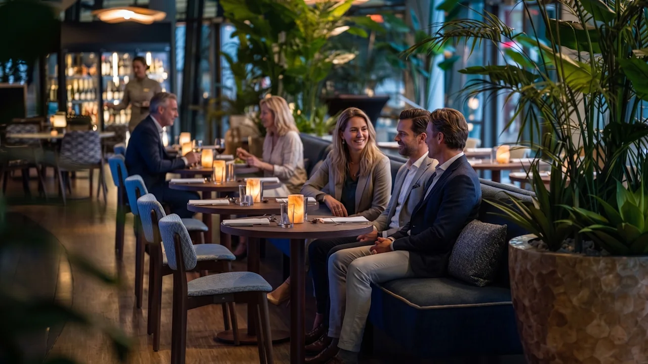 People enjoying a conversation and dining in the cozy restaurant at Quality Hotel Tonsberg surrounded by green plants
