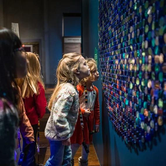 Små barn på et museum som ser nysgjerrig på en fargerik og strukturert veggkunst.