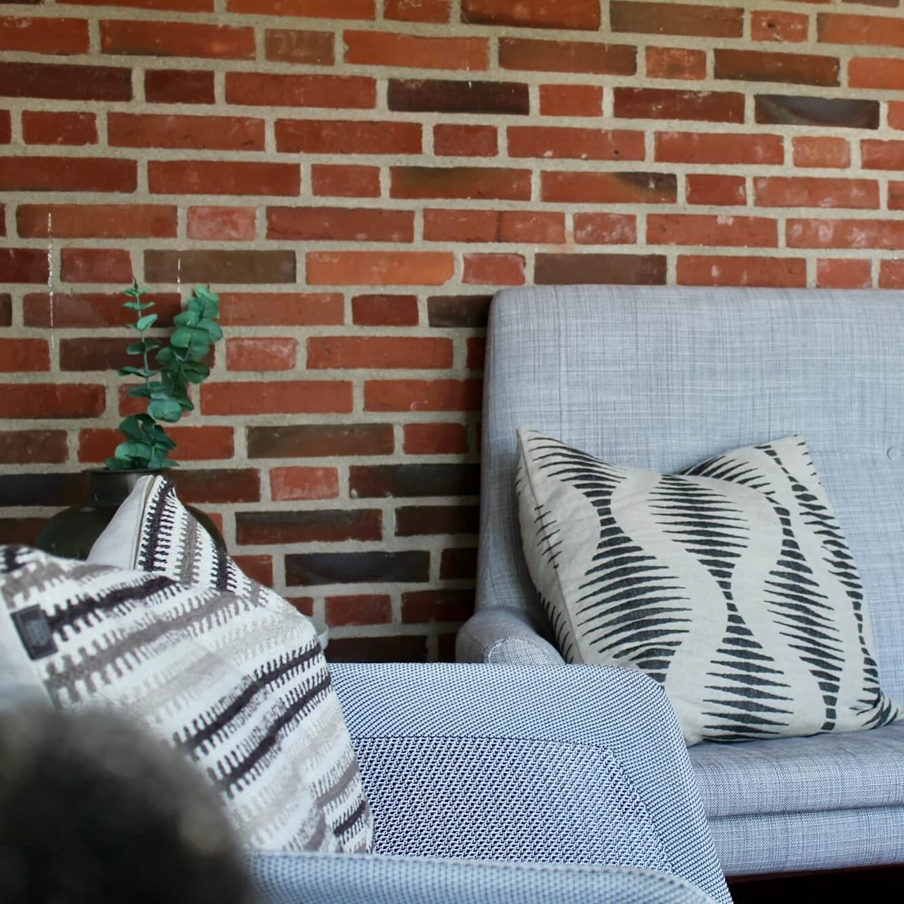 Gray sofa with patterned cushions, set against a red brick wall. A potted plant with green leaves is placed on a nearby side table.