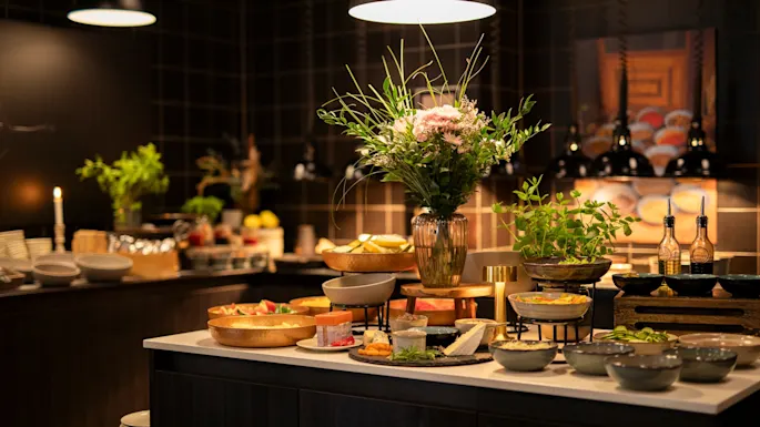 A beautifully arranged buffet table with a variety of fresh dishes, bowls, and elegant floral decorations under warm lighting.