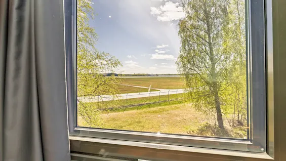 A window frames a view of a grassy field with a winding path and trees under a partly cloudy sky. Curtains hang on the sides, and a radiator is beneath.