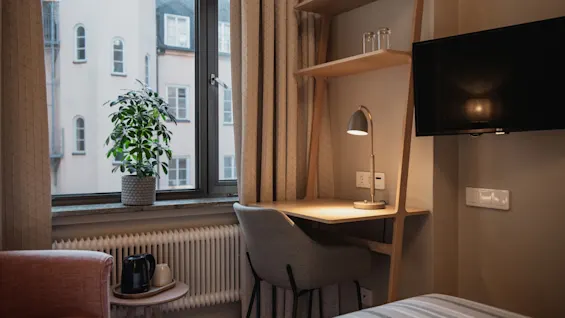 Et komfortabelt og funktionelt hotelværelse på Home Hotel Wellington, med skrivebord, stol, plante ved vinduet og et vægmonteret TV.