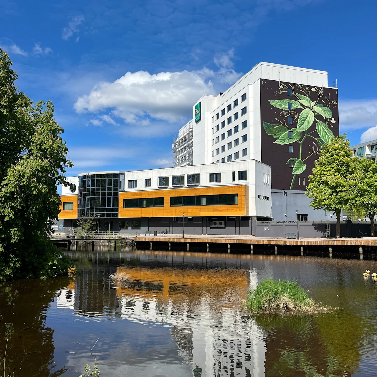 A building with a large plant mural reflects in a calm body of water. Trees and grass surround the area under a clear blue sky.