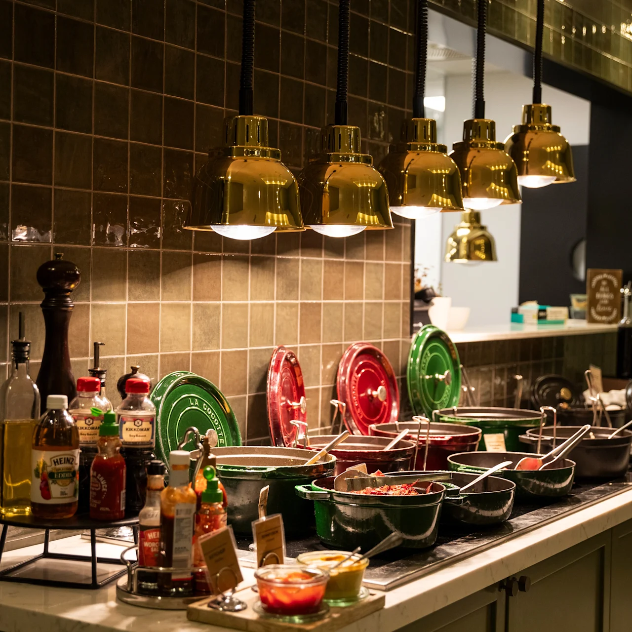 A buffet setup displays various covered dishes with utensils under warm, golden lamps. Condiments and sauces are arranged on one side, against a mosaic-tiled wall backdrop.