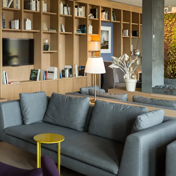 Grå sofaer arrangert i en moderne stue, supplert med en bokhylle i tre fylt med bøker og en TV. En frodig grønn plante og myk belysning gir varme.